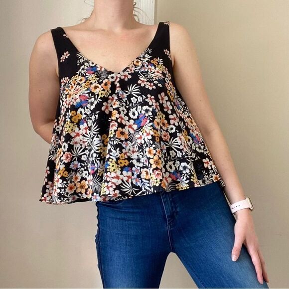 Zara Black Floral V Neck Swing Tank Top - Picture 3 of 10